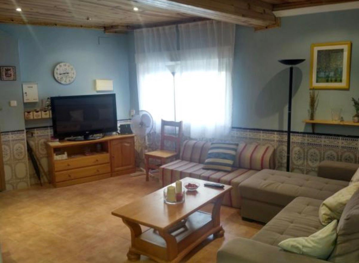 Salón con sofás, televisión y techo de madera