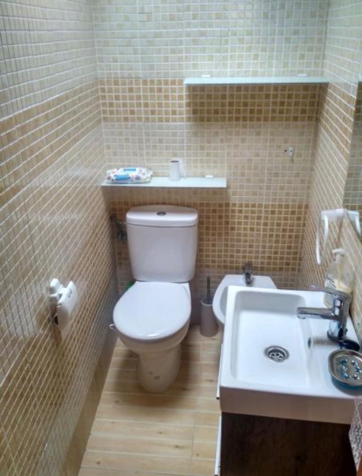 Cuarto de aseo con inodoro, bidé y lavabo